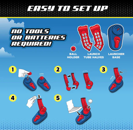 Step-by-step assembly guide for a Stomp Sports: Stomp n' Pitch launcher with red and blue components on a blue background.