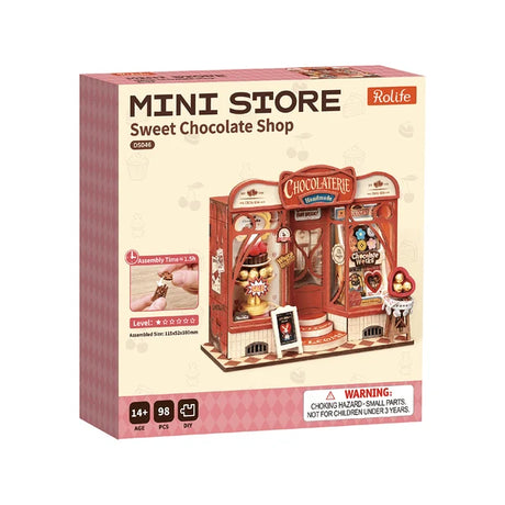 Box of Rolife Mini Store Sweet Chocolate Shop model kit on a white background