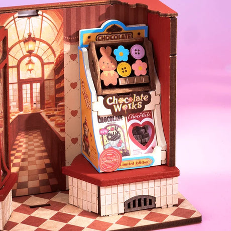 Sweet Chocolate Shop, Super Mini Houses with a pink bunny character inside, set against a warm interior background.