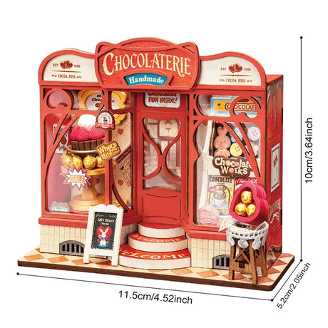 Sweet Chocolate Shop, Super Mini Houses  storefront, shown with dimension lines indicating measurements of 11.5cm (4.