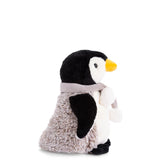 Plush Sweet Julius penguin toy with a gray scarf on a white background