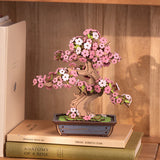 Sakura Bonsai DIY Wooden 3D Puzzle on top of books with a wooden shelf background