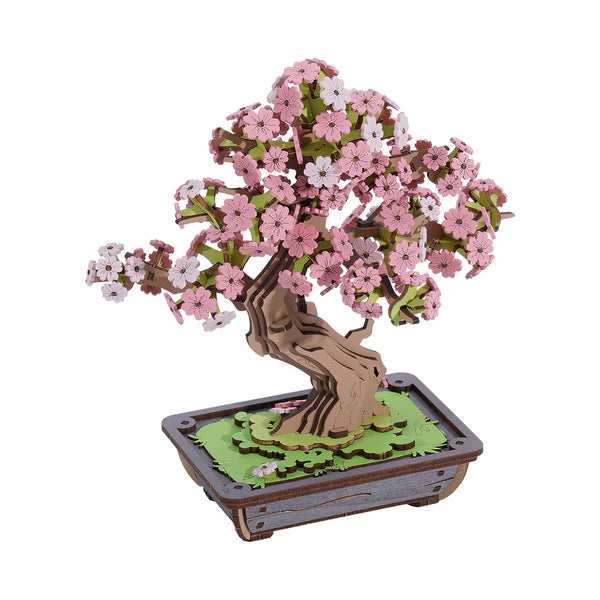 Sakura Bonsai DIY Wooden 3D Puzzle with pink and white flowers on a white background