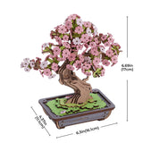 Sakura Bonsai DIY Wooden 3D Puzzle with pink flowers and measurements on a white background