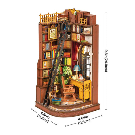 Miniature Silent Corner Study with desk and ladder, detailed with books and decor, shown with dimensions on a white background.