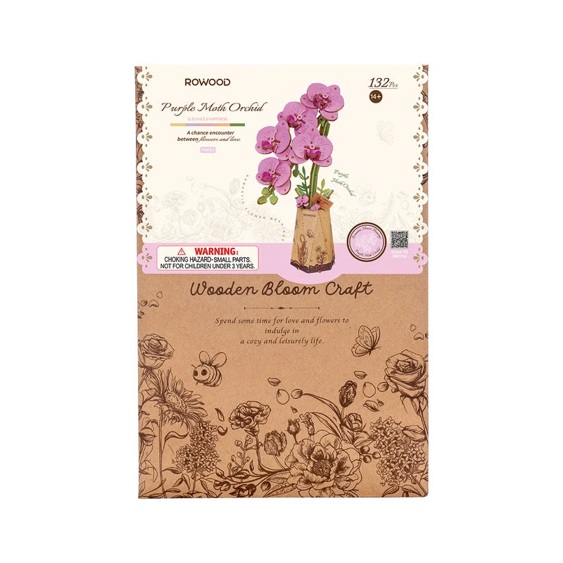 Wooden Bloom Craft packaging with floral design and purple orchid illustration.