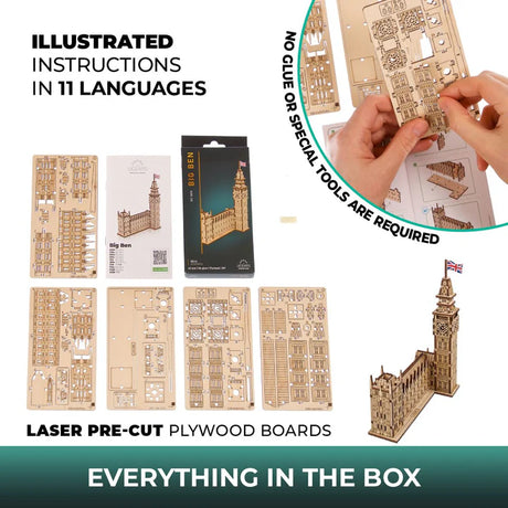Wooden puzzle of Big Ben with packaging and assembly instructions.