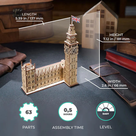 Model  UGears Big Ben 3D Wooden Model Kit with assembly details on a dark surface