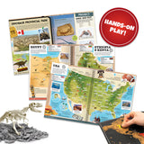 VR Atlas educational materials including maps and books on dinosaurs and geography with a hand holding a map.