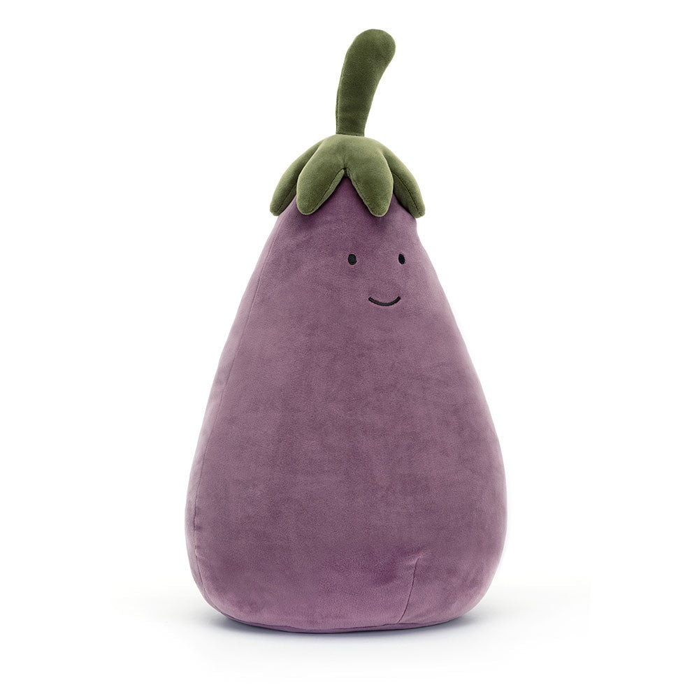 Soft plush toy shaped like a smiling purple eggplant with a green stem, designed as the Amuseables Eggplant Large, perfect for kids’ playtime and cozy hugs.