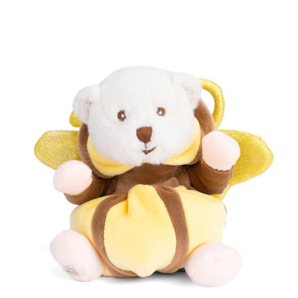 Plush toy bear in a yellow butterfly costume on a white background