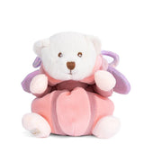 Plush toy bear in a pink butterfly costume with horns on a white background