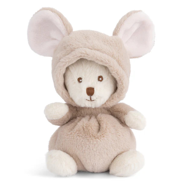 Soft plush toy dressed in a beige mouse costume with large ears and a friendly face, called Ziggy Mouse, perfect as a toddler toy or kid's gift.