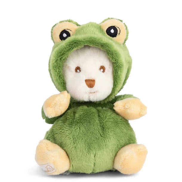 Plush toy bear wearing a green frog costume on a white background