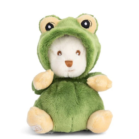 Plush toy bear wearing a green frog costume on a white background