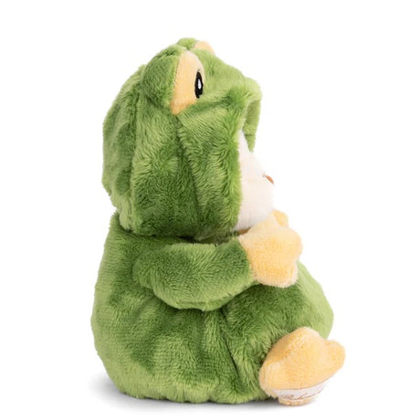 Plush toy bear wearing a green frog costume on a white background