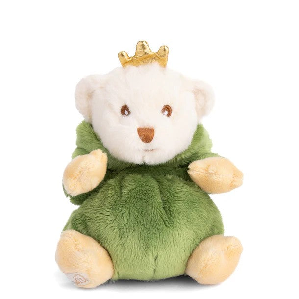 Plush teddy bear in a green frog outfit with a gold crown on a white background