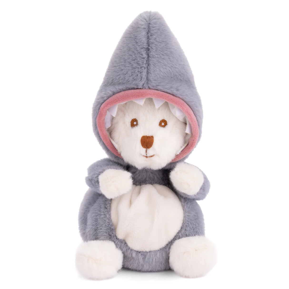Plush Ziggy Shark bear dressed in a shark costume on a white background