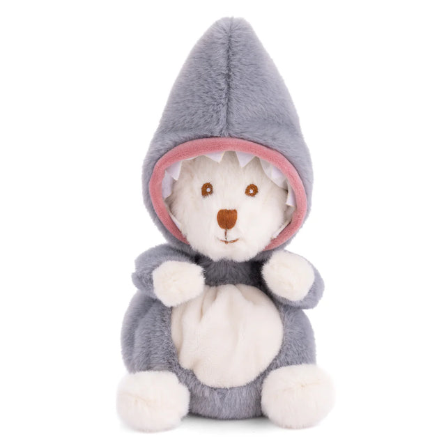 Plush Ziggy Shark bear dressed in a shark costume on a white background