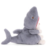 Plush Ziggy Shark bear dressed in a shark costume on a white background