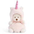 Plush toy bear wearing a pink unicorn costume with a white background