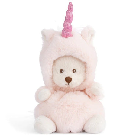 Plush toy bear wearing a pink unicorn costume with a white background