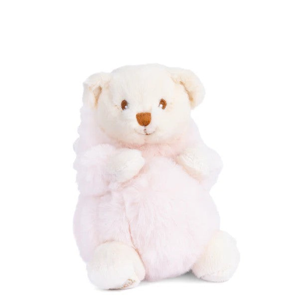 Plush toy bear wearing a pink unicorn costume with a white background