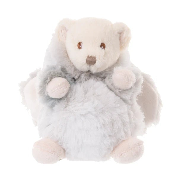 Plush toy bear dressed as a rabbit with gray fur on a white background