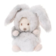Plush toy bear dressed as a rabbit with gray fur on a white background