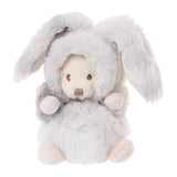 Plush toy bear dressed as a rabbit with gray fur on a white background