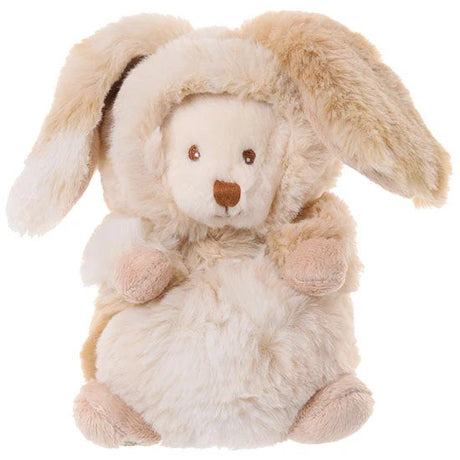Plush toy bear dressed as rabbit with beige and brown fur on a white background