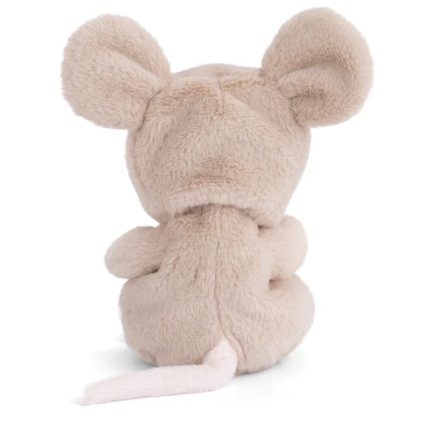Plush toy bear dress as a mouse in a beige hood on a white background