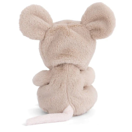 Plush toy bear dress as a mouse in a beige hood on a white background