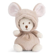 Plush toy bear dress as a mouse in a beige hood on a white background
