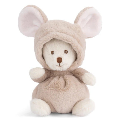 Plush toy bear dress as a mouse in a beige hood on a white background