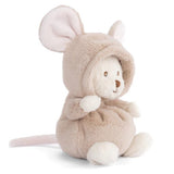 Plush toy bear dress as a mouse in a beige hood on a white background