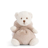 Plush toy bear dress as a mouse in a beige hood on a white background