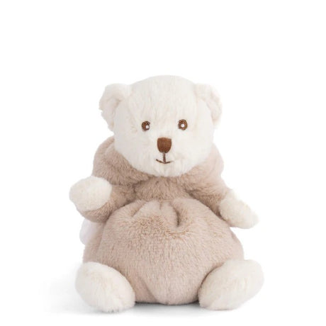 Plush toy bear dress as a mouse in a beige hood on a white background