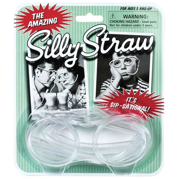 Packaged 'The Amazing Silly Straw' with black and white images of people using it, and text indicating it's 'Sip-Sational'.