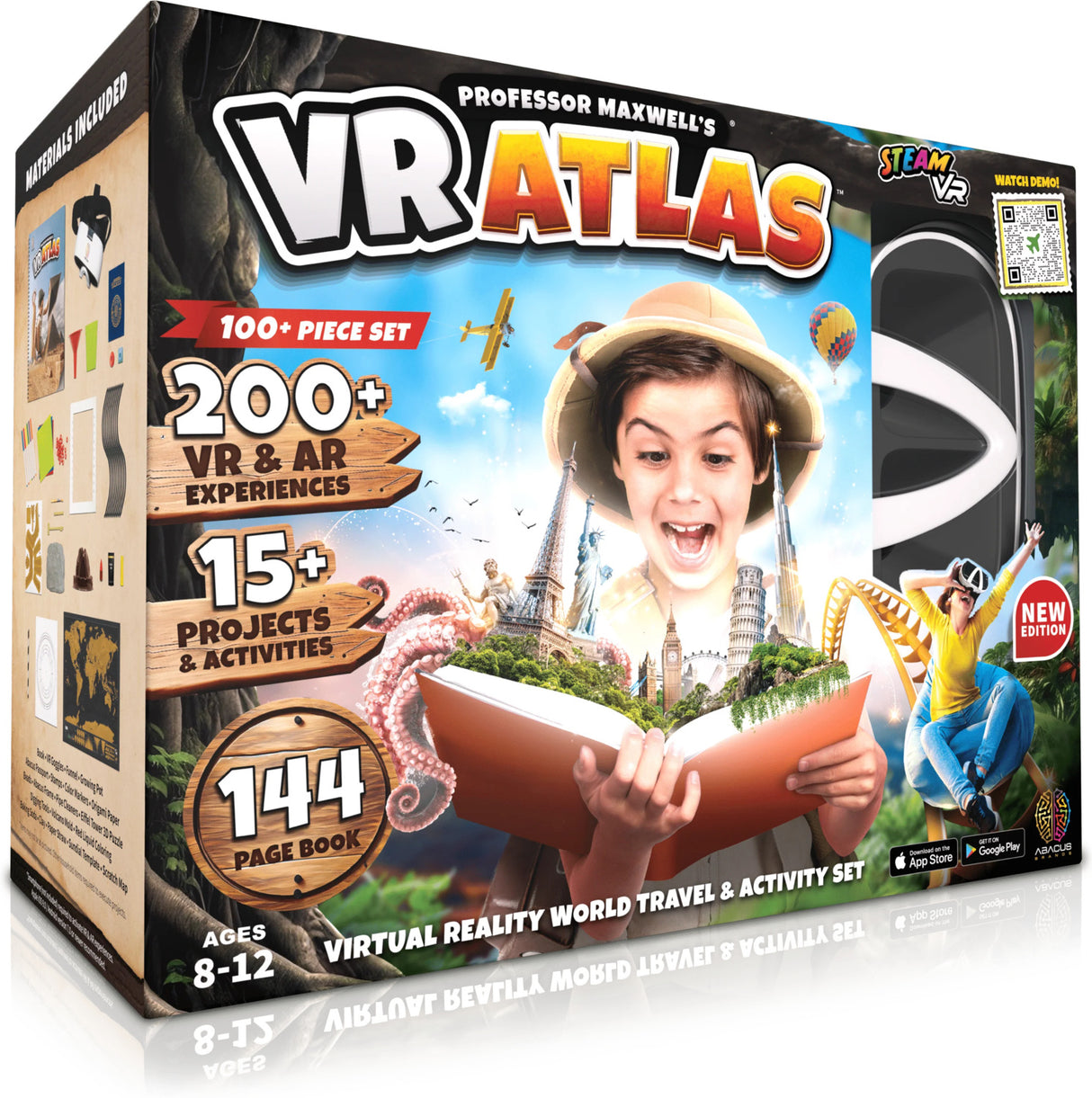 Professor Maxwell's VR Atlas packaging with a child holding a globe and cityscape in the background.