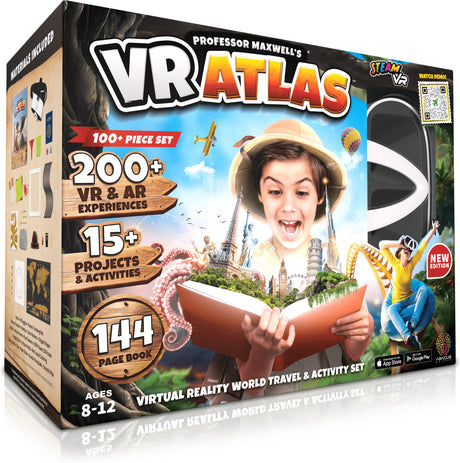 Professor Maxwell's VR Atlas packaging with a child holding a globe and cityscape in the background.