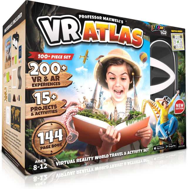 Professor Maxwell's VR Atlas packaging with a child holding a globe and cityscape in the background.
