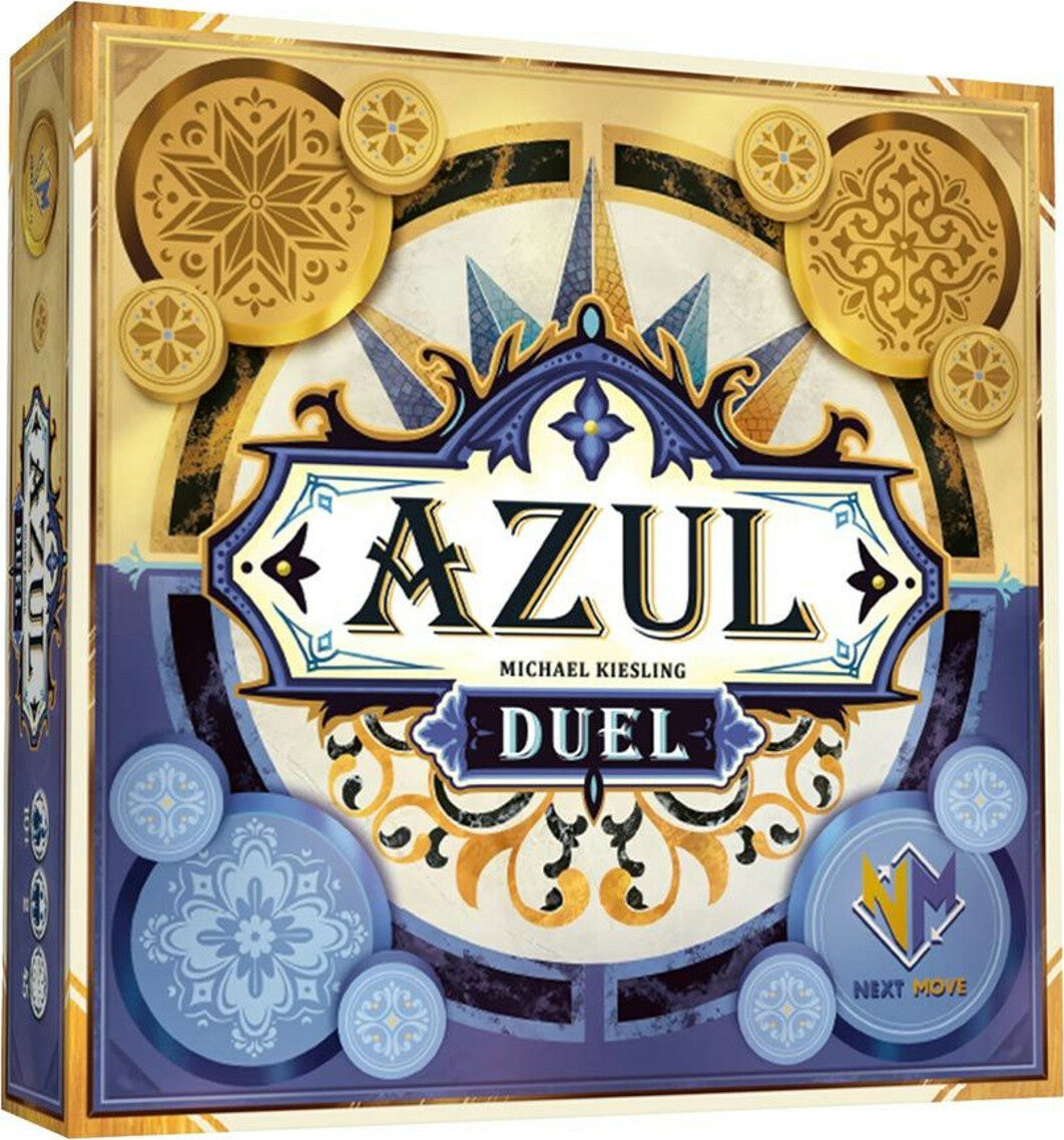 Board game box for 'Azul Duel' with decorative gold and blue design.
