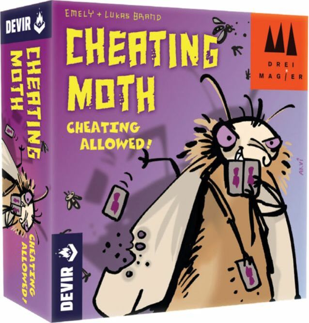 Board game box for 'Cheating Moth' with cartoon moth illustration on a purple background