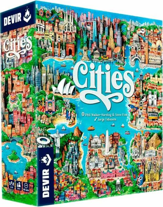 Board game box for 'Cities' by Devir with colorful cityscape illustration on a blue background.