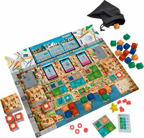 Cities board game set with colorful tiles and pieces on a white background