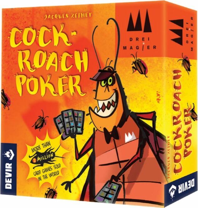 Board game box for 'Cockroach Poker' with a cartoon cockroach character on an orange background.