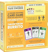 Card game box titled 'Let's Hit Each Other with Fake Swords' by Exploding Kittens and Throw Throw Burrito.