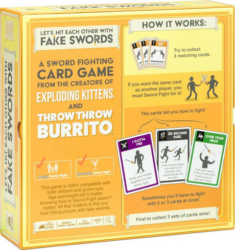 Card game box titled 'Let's Hit Each Other with Fake Swords' by Exploding Kittens and Throw Throw Burrito.