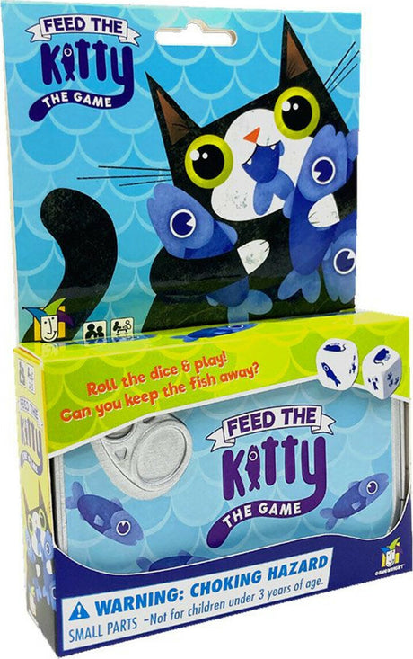 Feed the Kitty game packaging with dice and cat illustration on a blue background